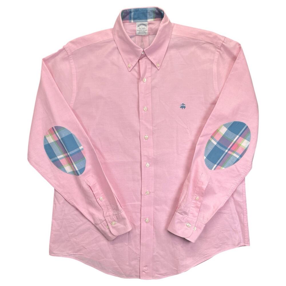 Brooks Brothers Mens L Pink Oxford Button Down Shirt Plaid Elbow Patches Supima